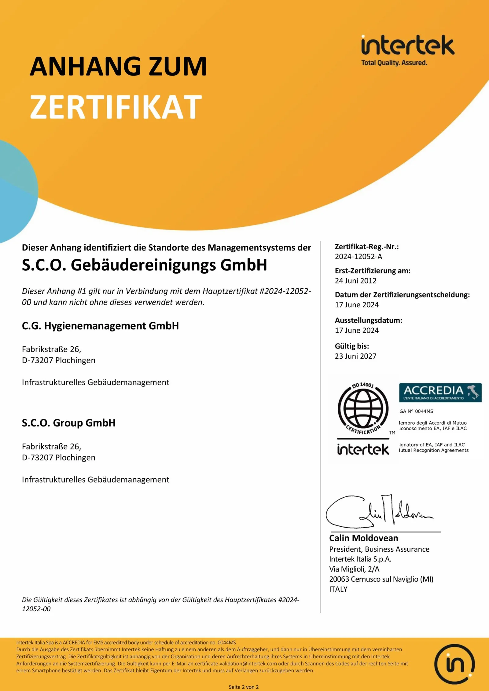 Zertifikat DIN EN ISO 14001 Umweltmanagement