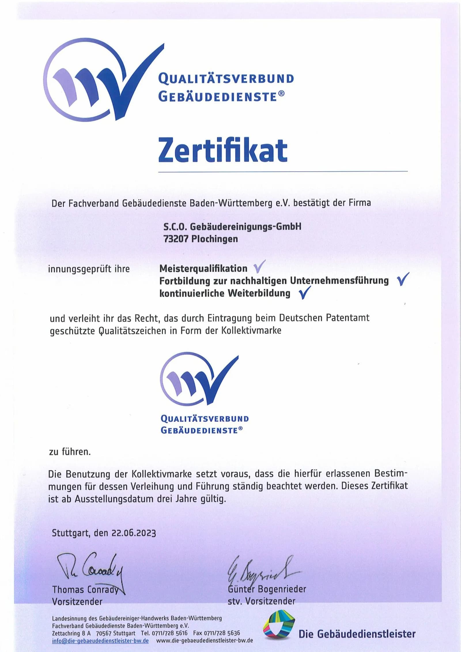 Zertifikat Qualitätsverbund Gebäudedienste